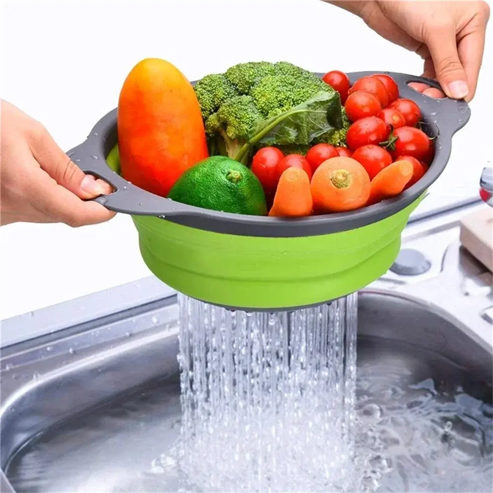 Folding Silicone Drain Basket 2PCS Round Fruit Vegetable Washing Basket Square Foldable Strainer Colander Kitchen Drain Gadgets