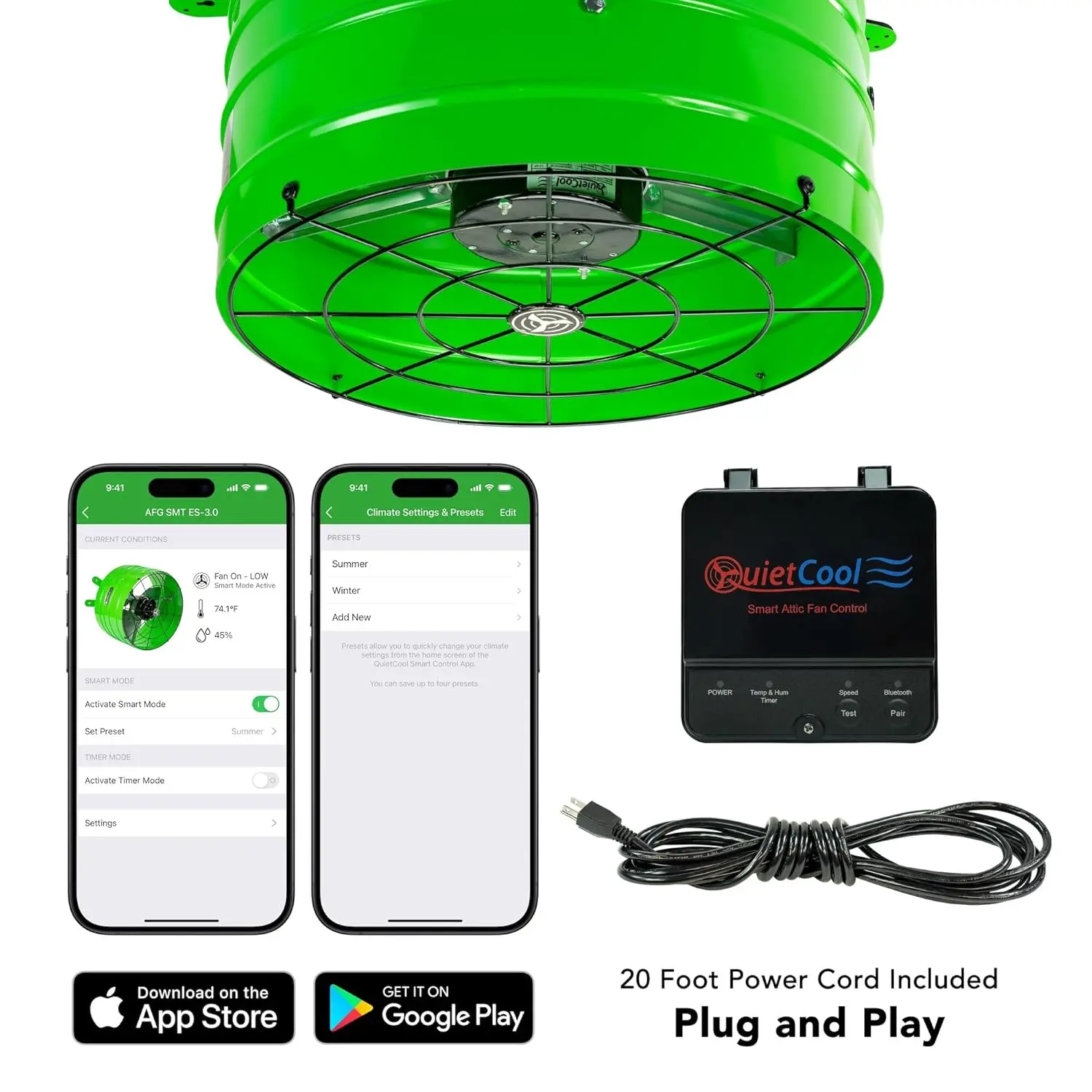 AFG SMT ES-3.0 Smart Attic Fan, Up to 2801 CFM,  As low as 22 Watts, Thermostat and Humidistat, 20ft Power Cord, Three Speed