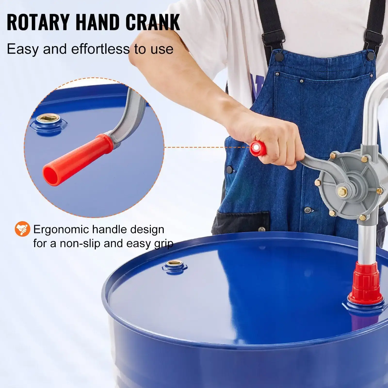 Drum Pump, 6 GPM Flow, Rotary Barrel Pump Hand Crank, Fits 5 to 55 Gallon Drums with 3-Section Suction Tube Assembly and Hose