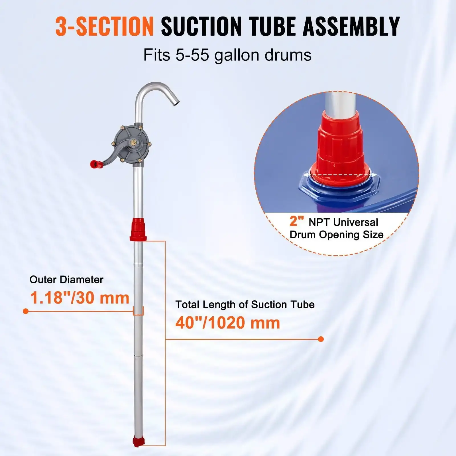 Drum Pump, 6 GPM Flow, Rotary Barrel Pump Hand Crank, Fits 5 to 55 Gallon Drums with 3-Section Suction Tube Assembly and Hose