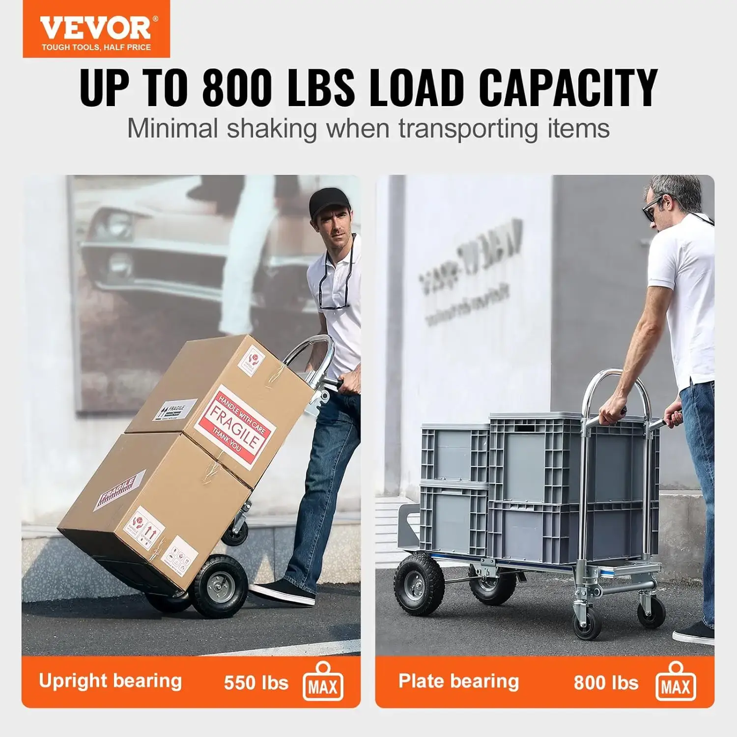 Aluminum Hand Truck, 2 in 1, 800 lbs Load Capacity, Heavy Duty Industrial Convertible Folding Hand Truck and Dolly