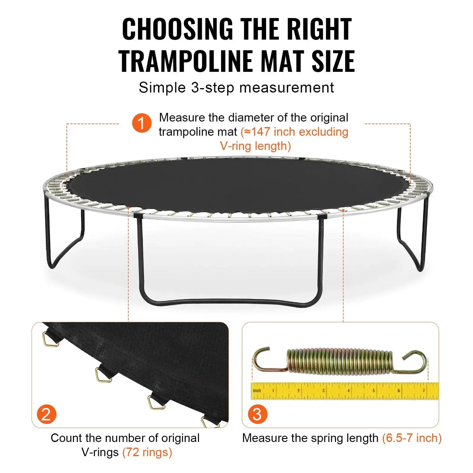 Replacement Trampoline Mat Fits 14ft Frame 72 V-Ring 6.5"-7" Spring Length