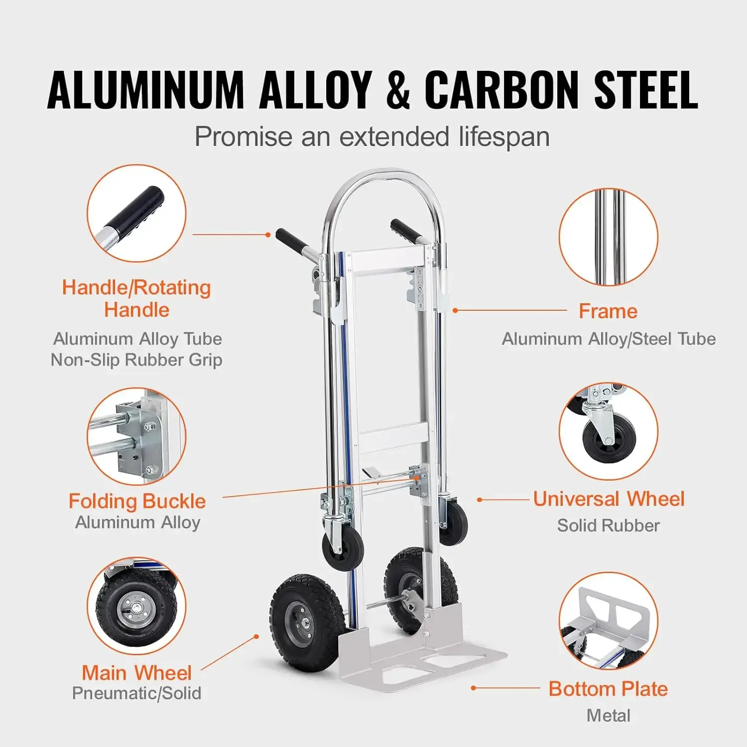 Aluminum Hand Truck, 2 in 1, 800 lbs Load Capacity, Heavy Duty Industrial Convertible Folding Hand Truck and Dolly