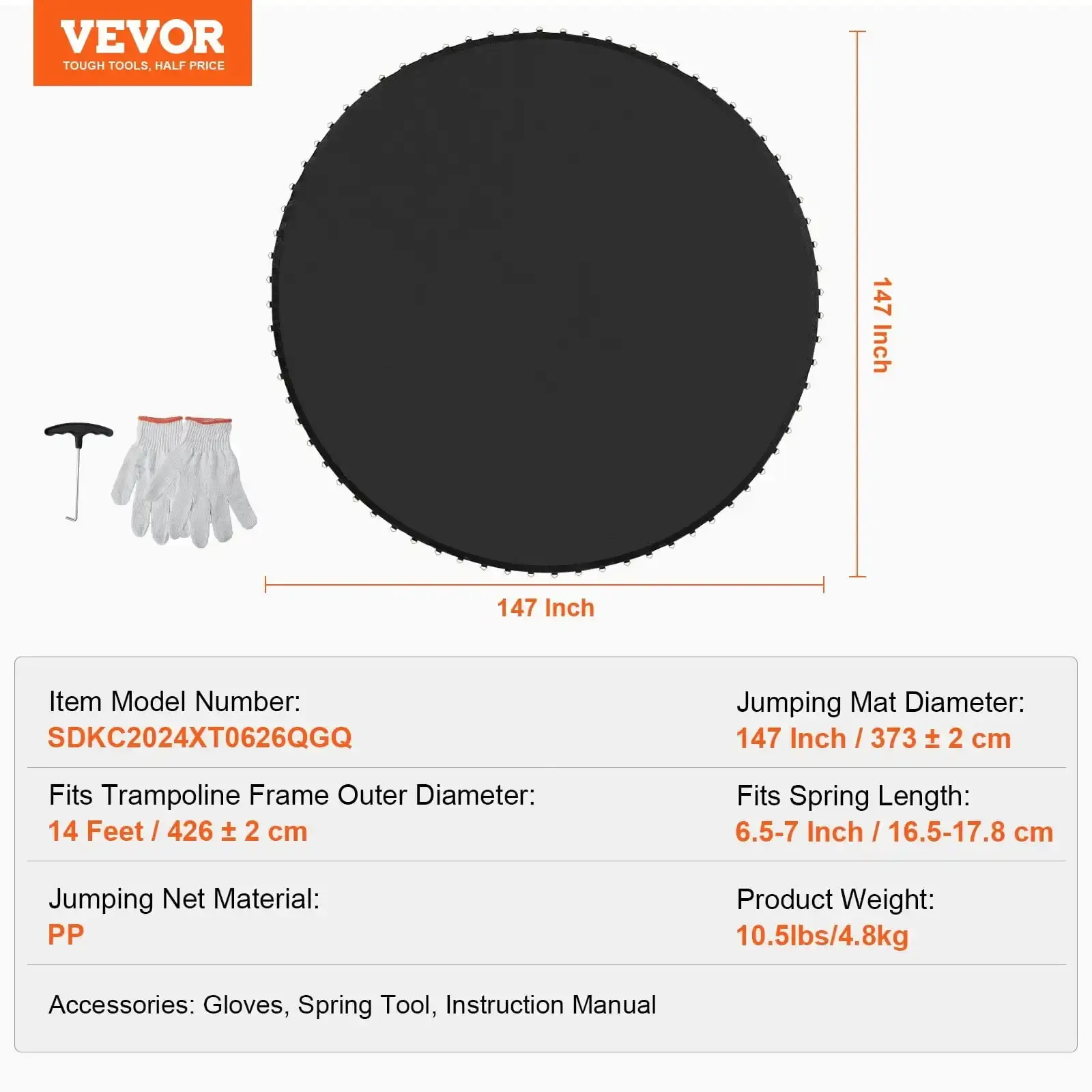 Replacement Trampoline Mat Fits 14ft Frame 72 V-Ring 6.5"-7" Spring Length