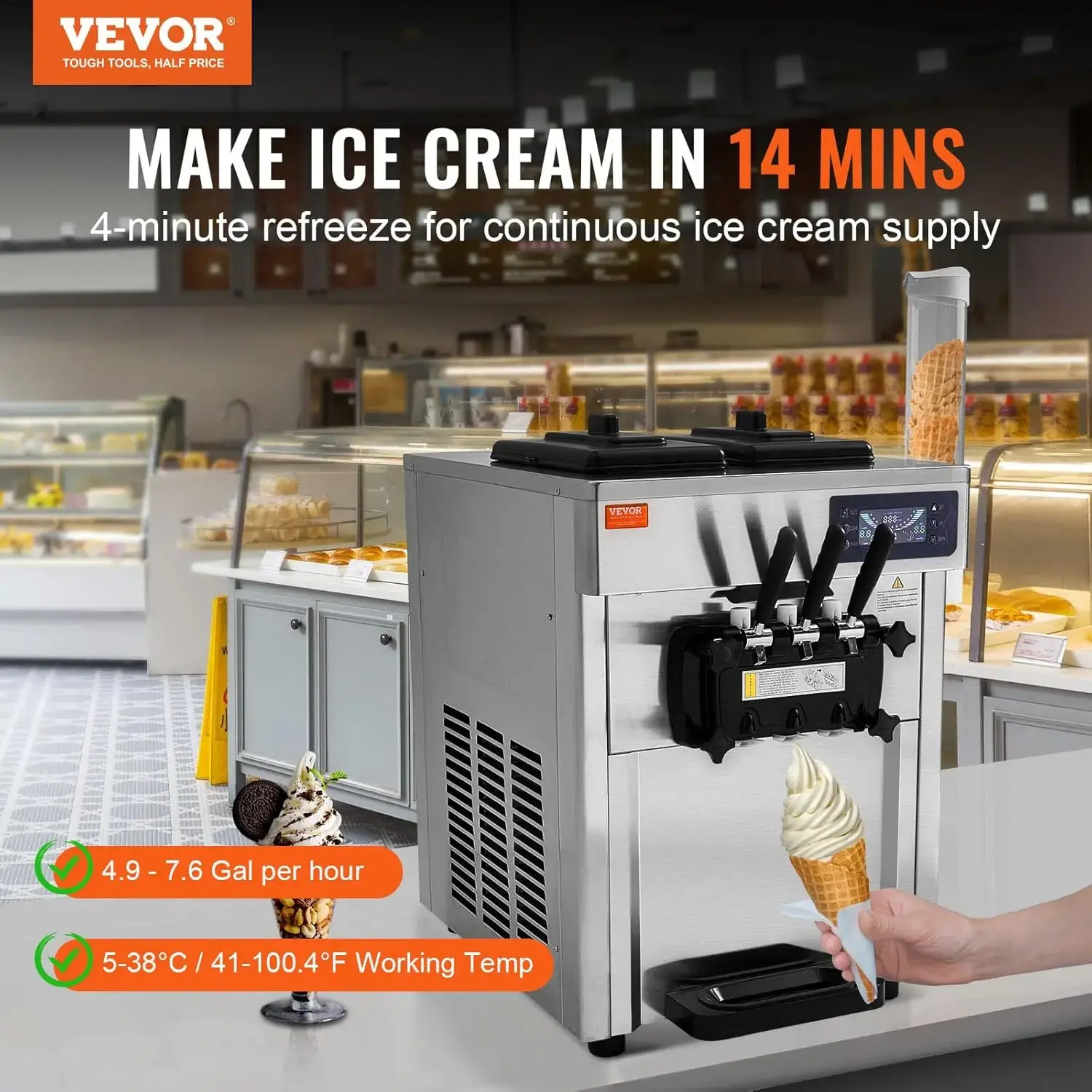 Commercial Ice Cream Machine, 18-28 L/H Yield, 1850W 3-Flavor Countertop Soft Serve Ice Cream Maker