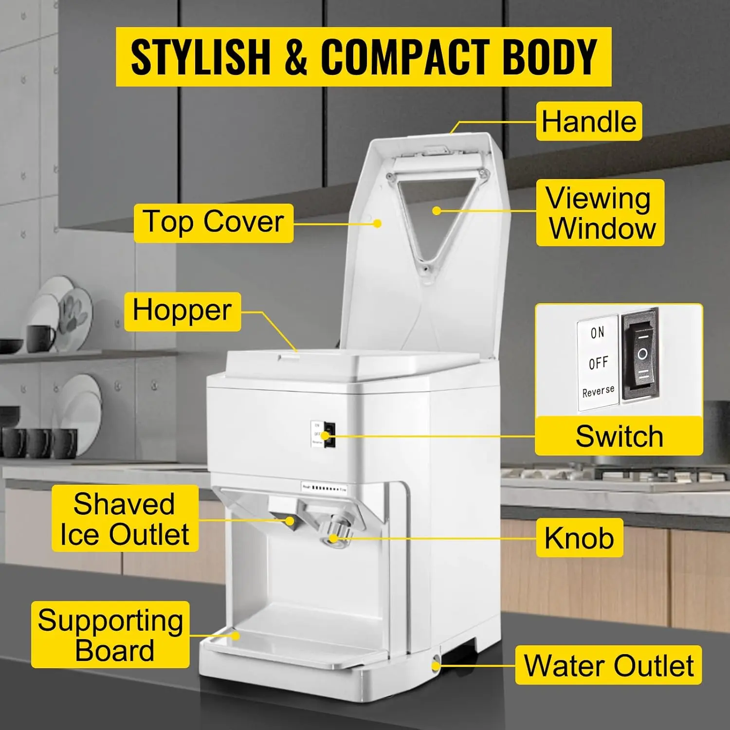 Ice Shaver Machine Electric, Snow Cone Machine Commercial 265 LBS/H, Shaved Ice Machine w/Ice Hopper & Lid, White