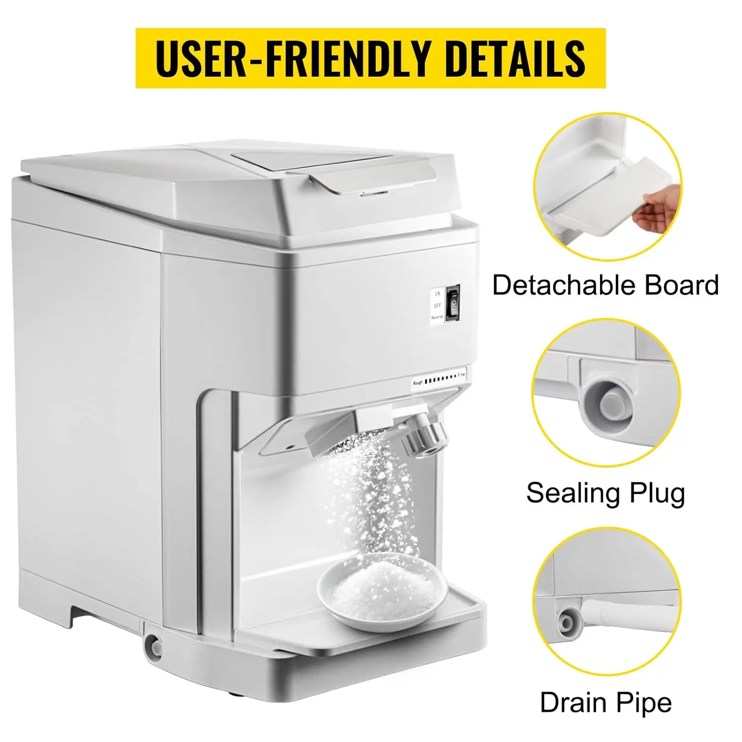 Ice Shaver Machine Electric, Snow Cone Machine Commercial 265 LBS/H, Shaved Ice Machine w/Ice Hopper & Lid, White