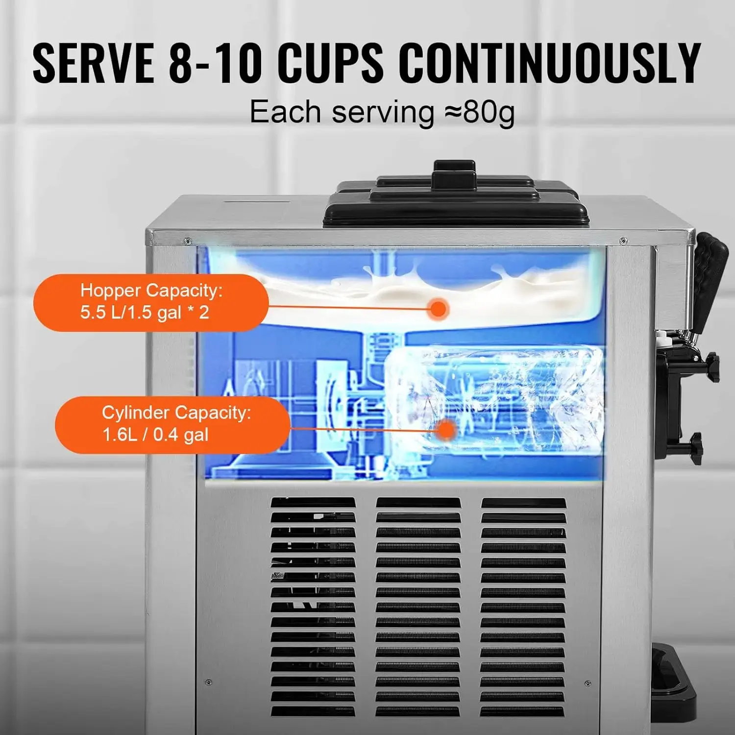 Commercial Ice Cream Machine, 18-28 L/H Yield, 1850W 3-Flavor Countertop Soft Serve Ice Cream Maker