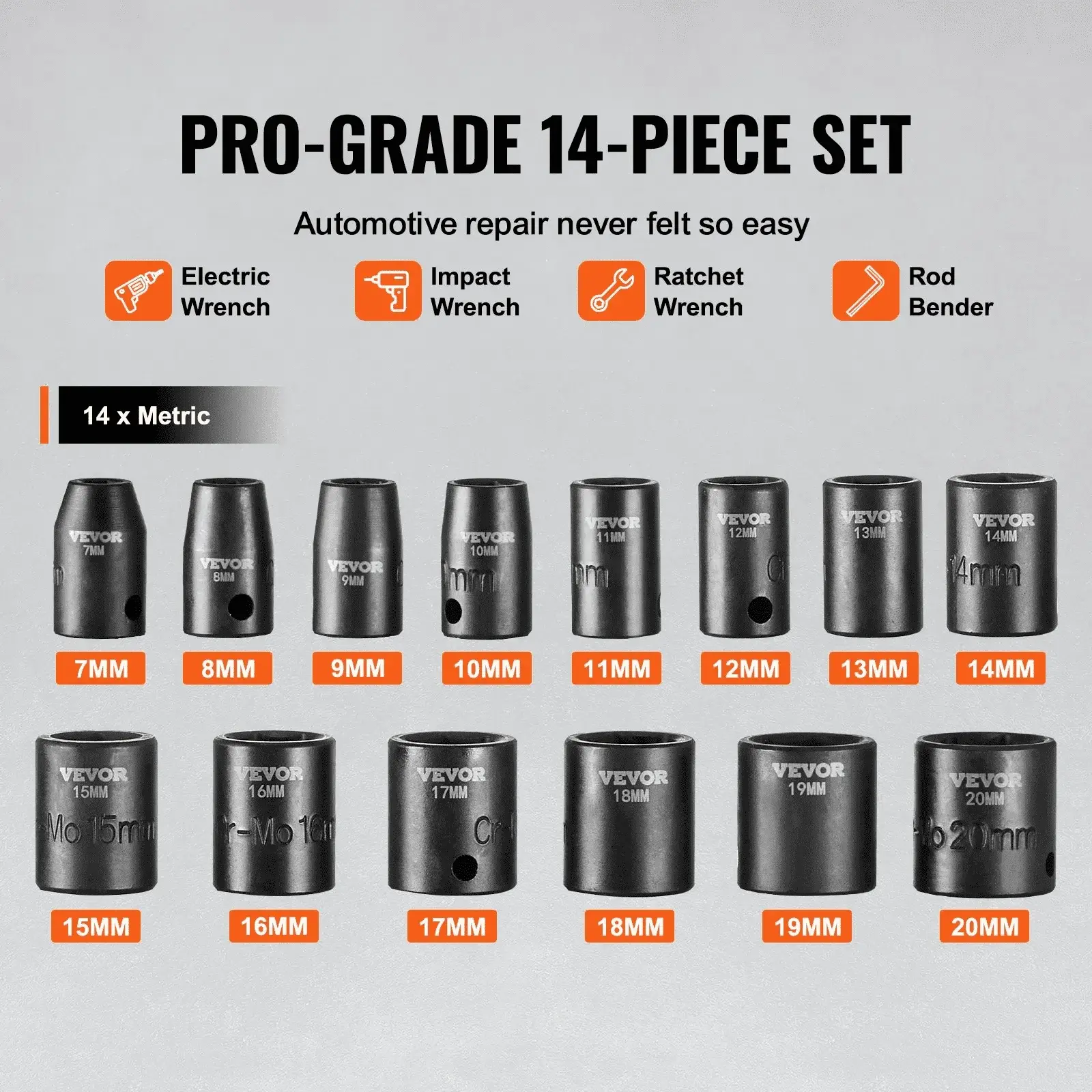 Impact Sockets Set 14pcs 6-Point 3/8in Drive Bit Ratchet Tool Kit Case
