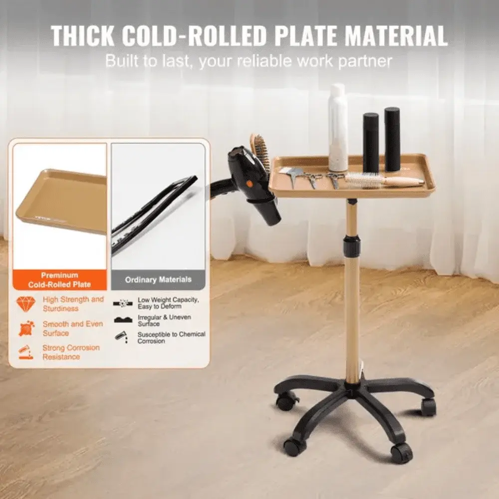 Salon Tray Cart, 30"-43" Height Adjustable Rolling Salon Tray, Cold-rolled Plate Tattoo Tray with 5 Wheels (2 Lockable)