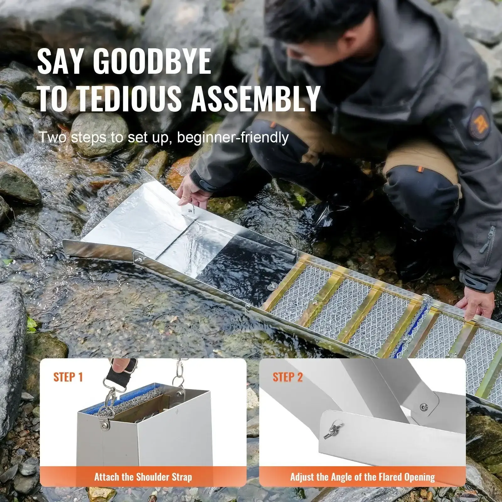 50 Inch Folding Sluice Box Gold Panning Kit, 23pc Gold Prospecting Equipment Kit with Gold Pan, Classifier Screen