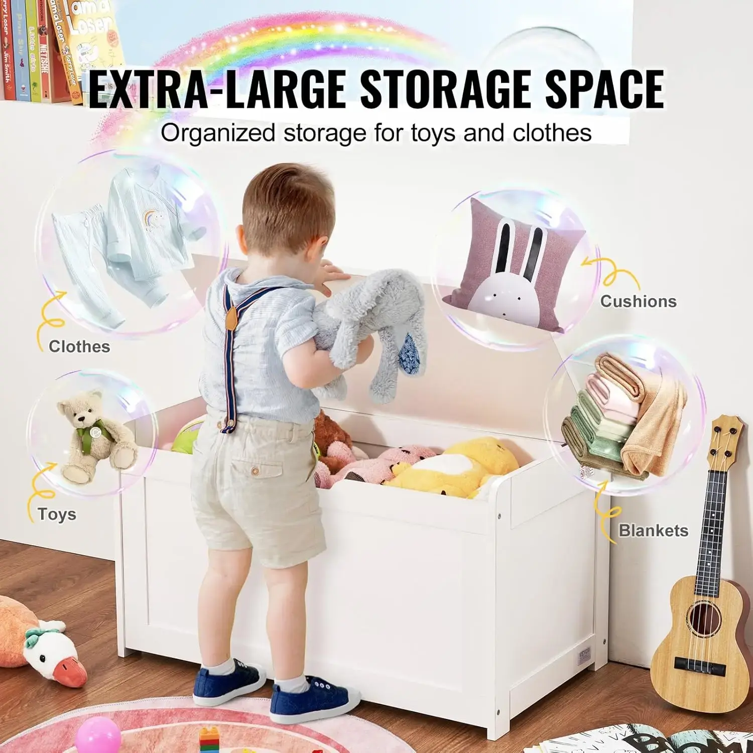 Wooden Toy Chest for Kids, Toddler Toy Storage Box with Flip-Top Lid and Safety Hinge, 32.68 x 17.91 x 24.02 Large Kids