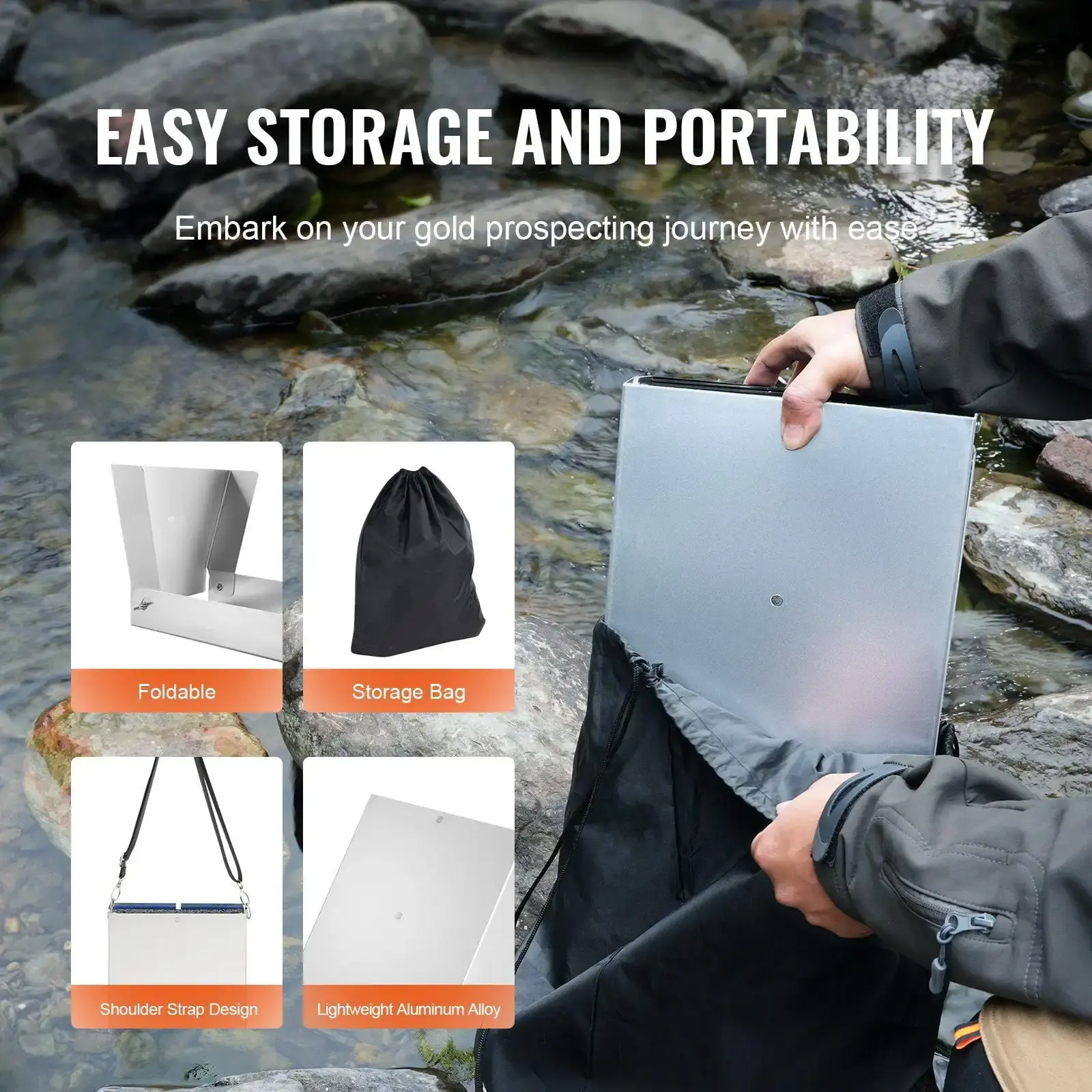50 Inch Folding Sluice Box Gold Panning Kit, 23pc Gold Prospecting Equipment Kit with Gold Pan, Classifier Screen