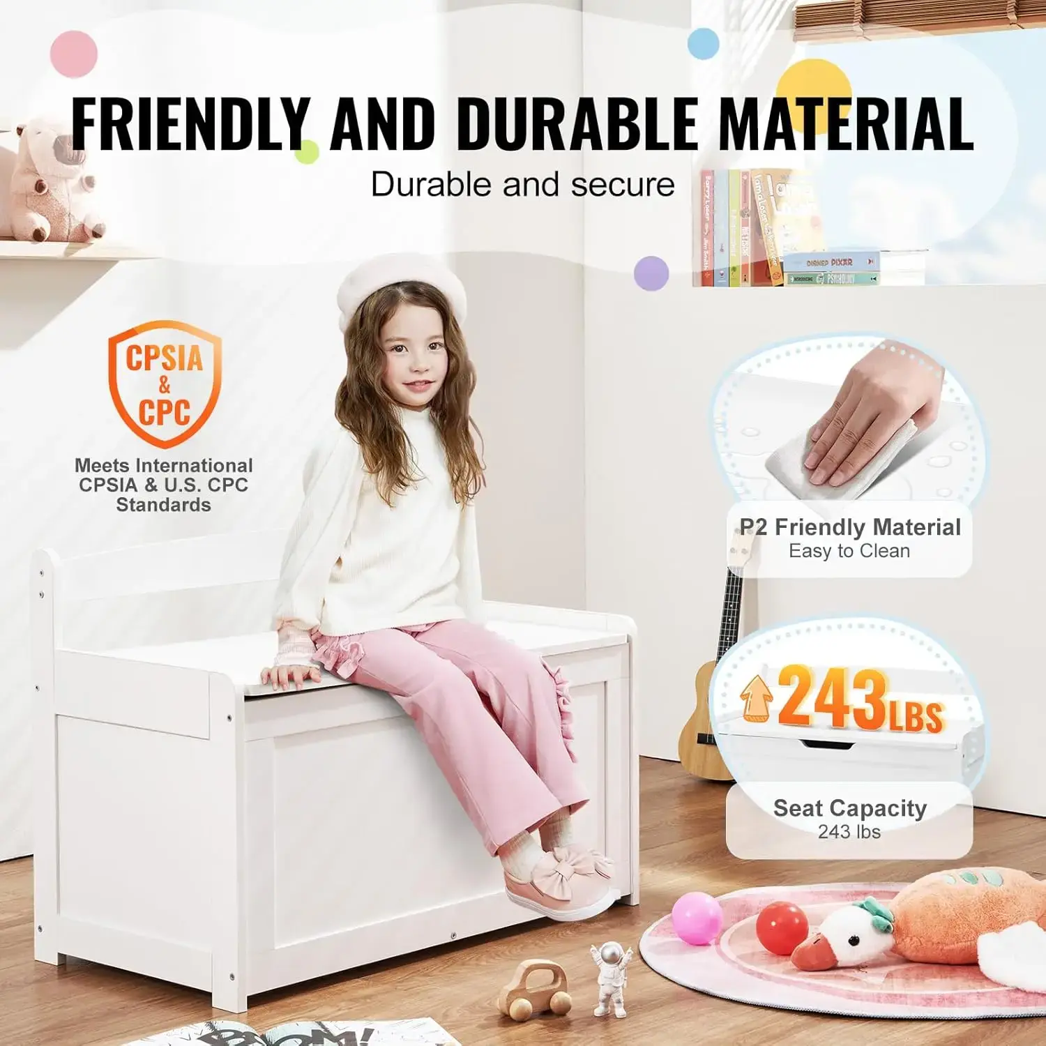 Wooden Toy Chest for Kids, Toddler Toy Storage Box with Flip-Top Lid and Safety Hinge, 32.68 x 17.91 x 24.02 Large Kids
