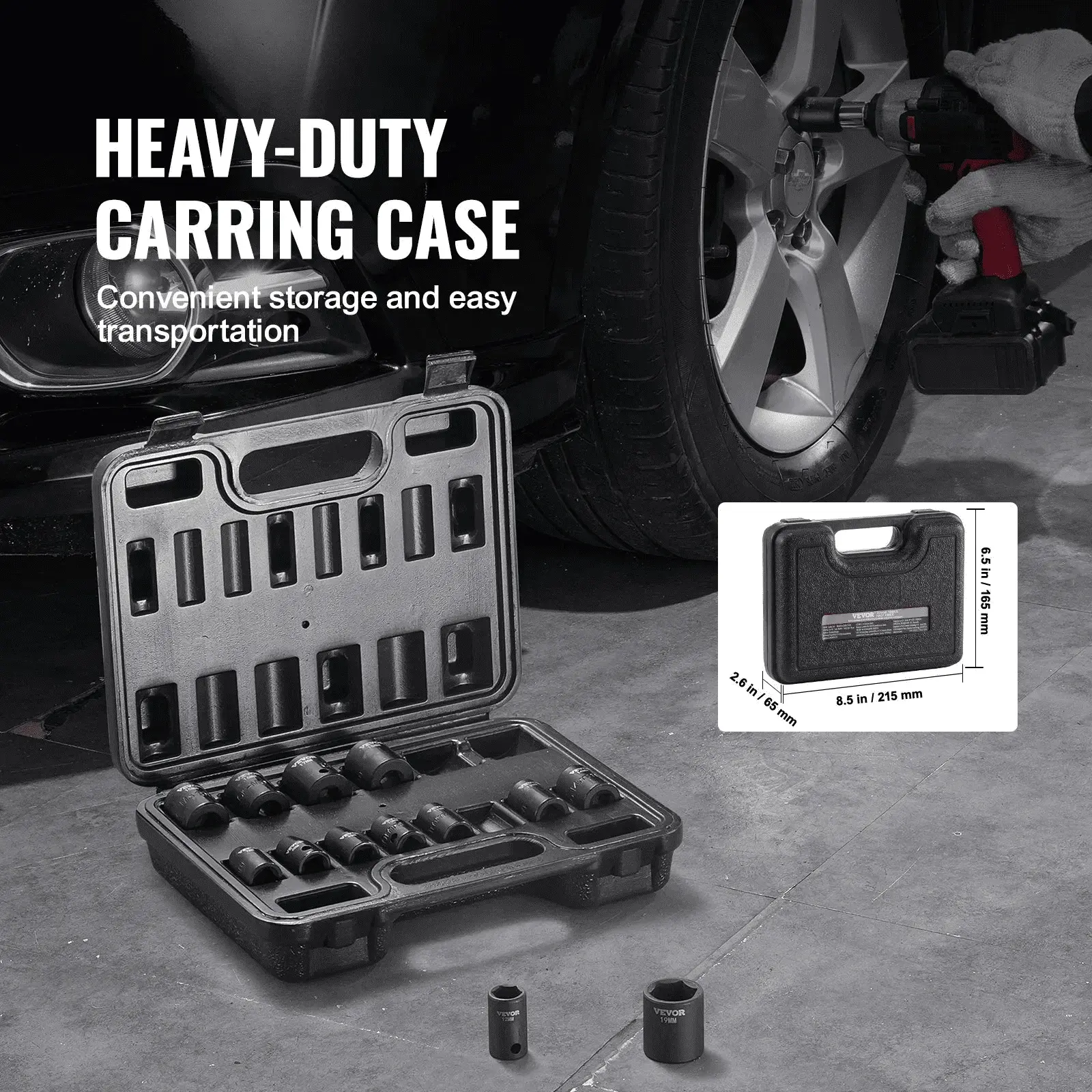 Impact Sockets Set 14pcs 6-Point 3/8in Drive Bit Ratchet Tool Kit Case