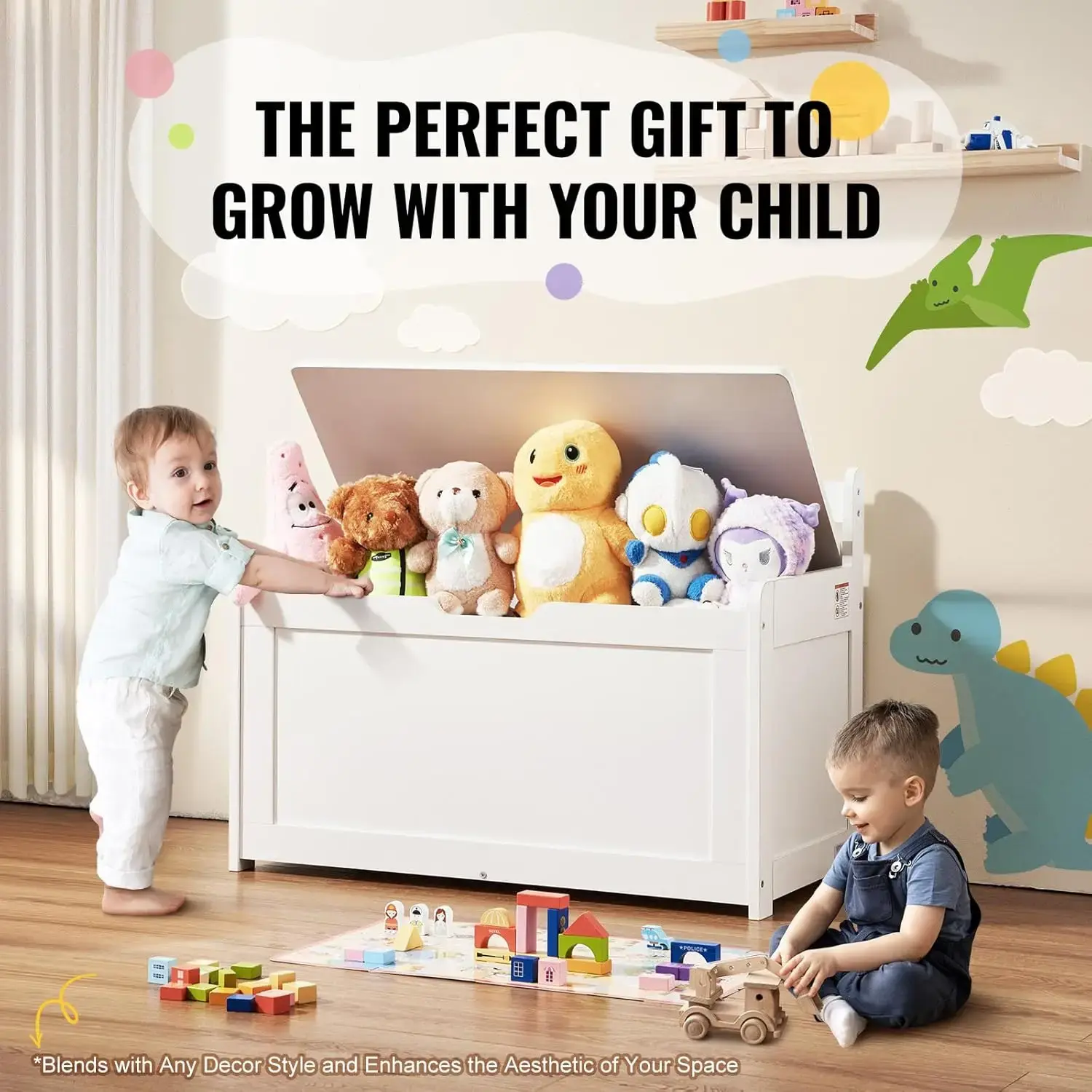 Wooden Toy Chest for Kids, Toddler Toy Storage Box with Flip-Top Lid and Safety Hinge, 32.68 x 17.91 x 24.02 Large Kids