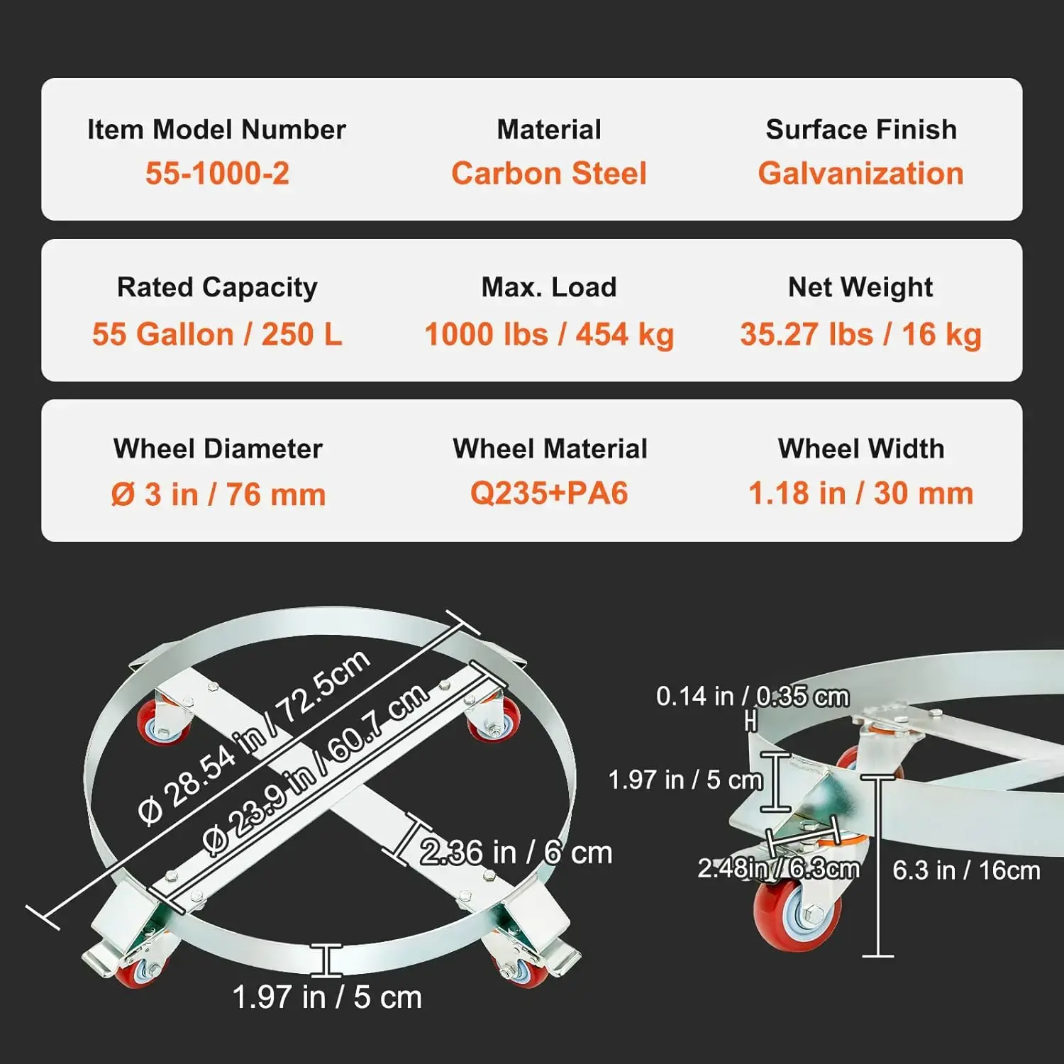 2PCS 55 Gallon Heavy Duty Drum Dolly, 1000 lbs Load Capacity, Barrel Dolly Cart Drum Caddy with Steel Frame 4 Swivel Casters