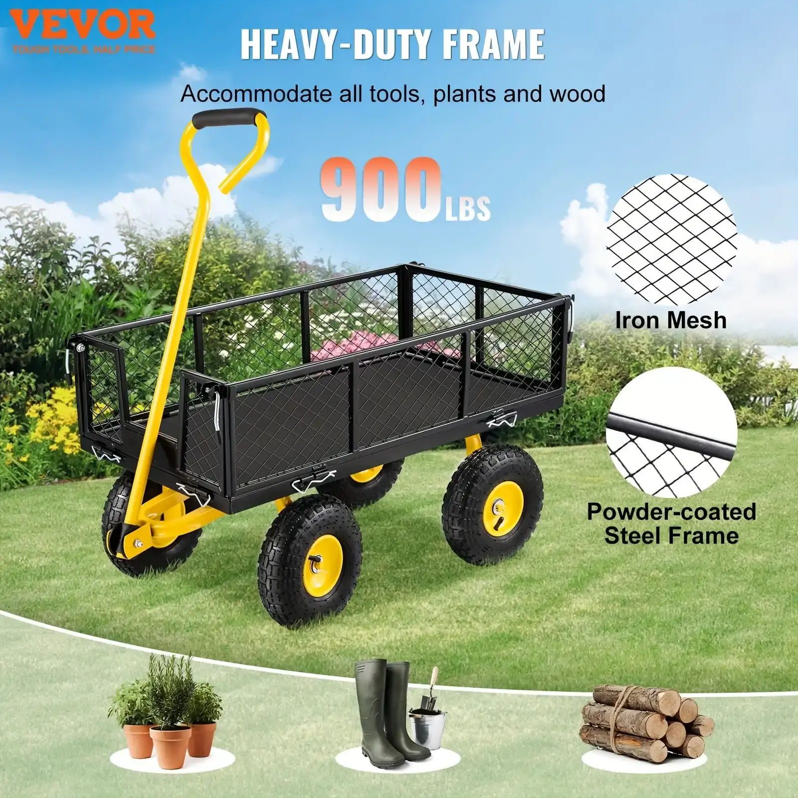 Steel Garden Cart, Heavy Duty 900 lbs Capacity, with Removable Mesh Sides to Convert into Flatbed
