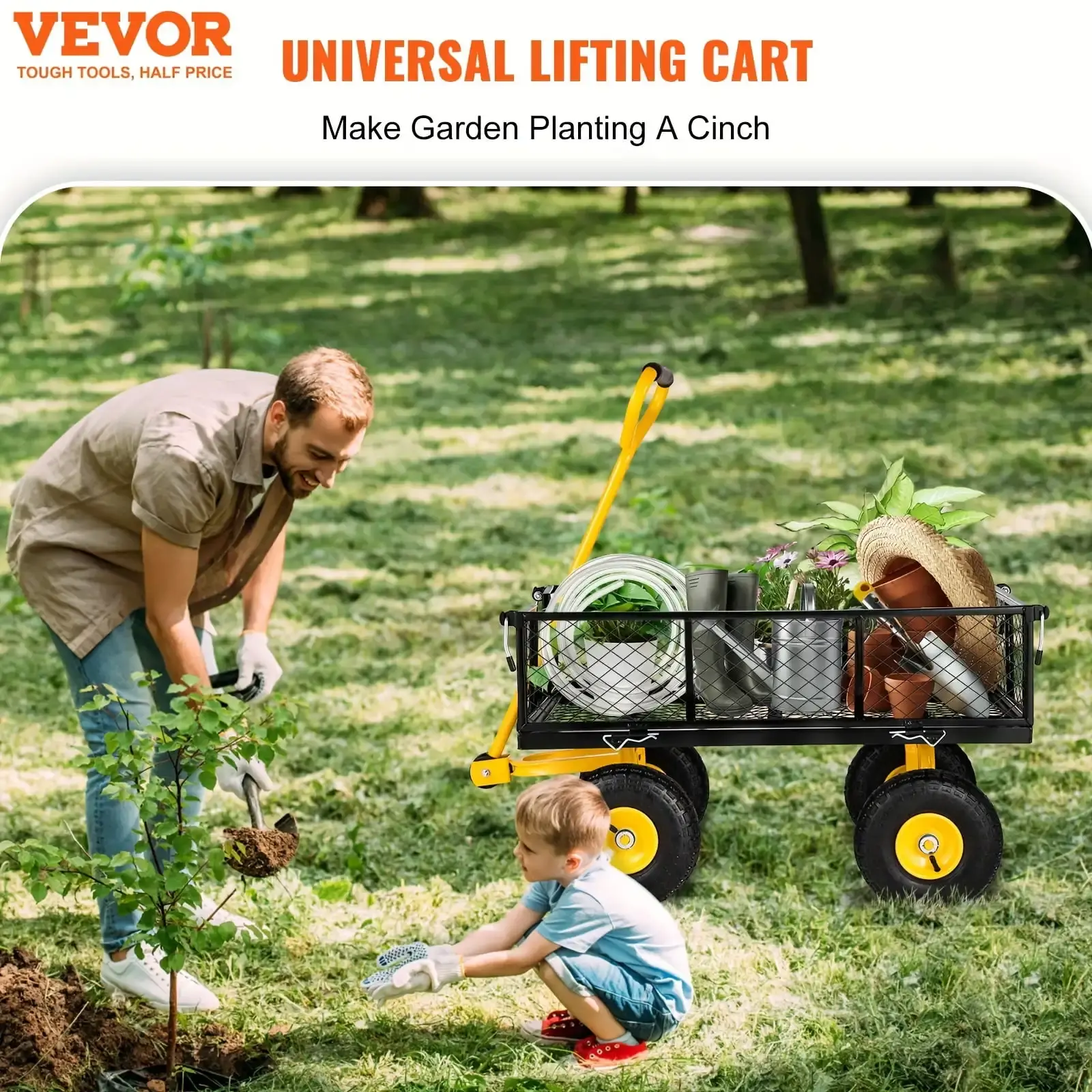 Steel Garden Cart, Heavy Duty 900 lbs Capacity, with Removable Mesh Sides to Convert into Flatbed