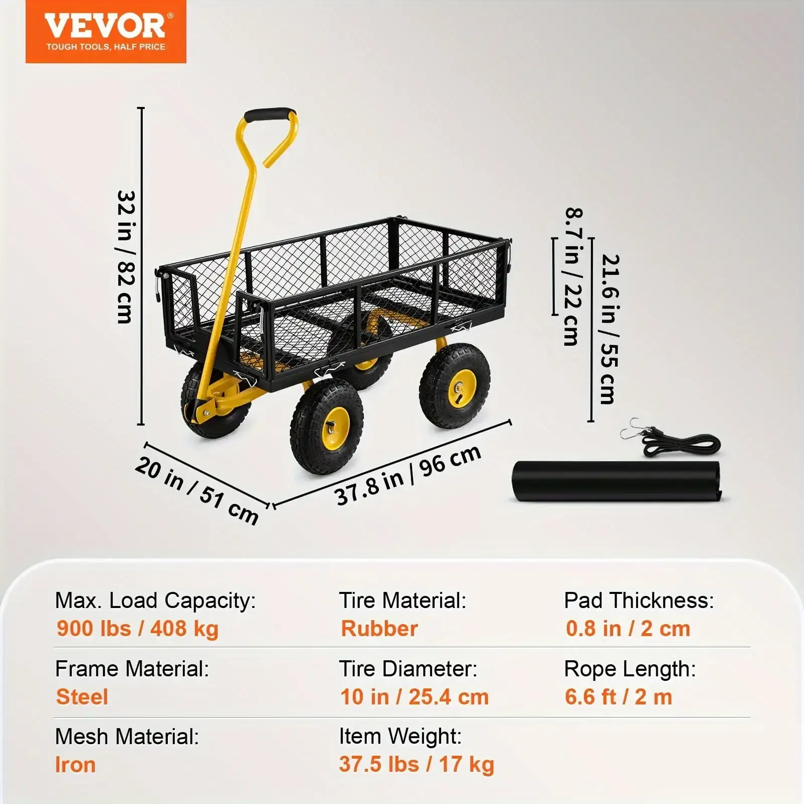 Steel Garden Cart, Heavy Duty 900 lbs Capacity, with Removable Mesh Sides to Convert into Flatbed