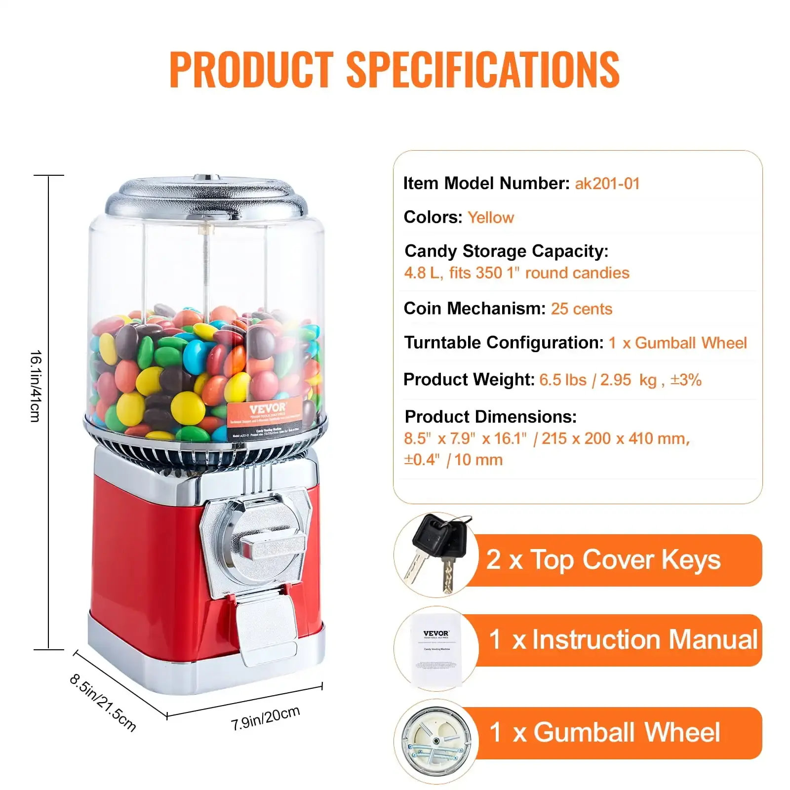 16"H Gumball Machine Vending Coin Bank Vintage Candy Dispenser PC Red