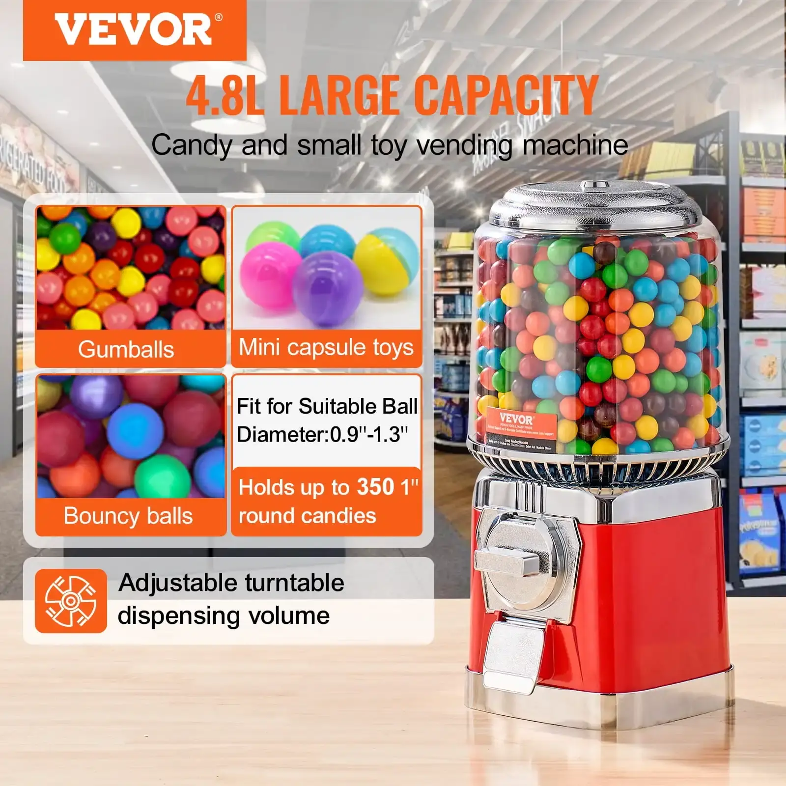 16"H Gumball Machine Vending Coin Bank Vintage Candy Dispenser PC Red