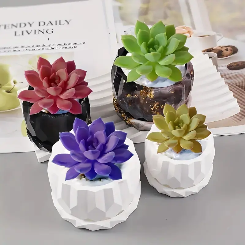 1 Set Silicone Planter Molds For Concrete Flower Pot And Saucer DIY Diamond Shaped Faceted Vase Silicone Molds Garden Decoration
