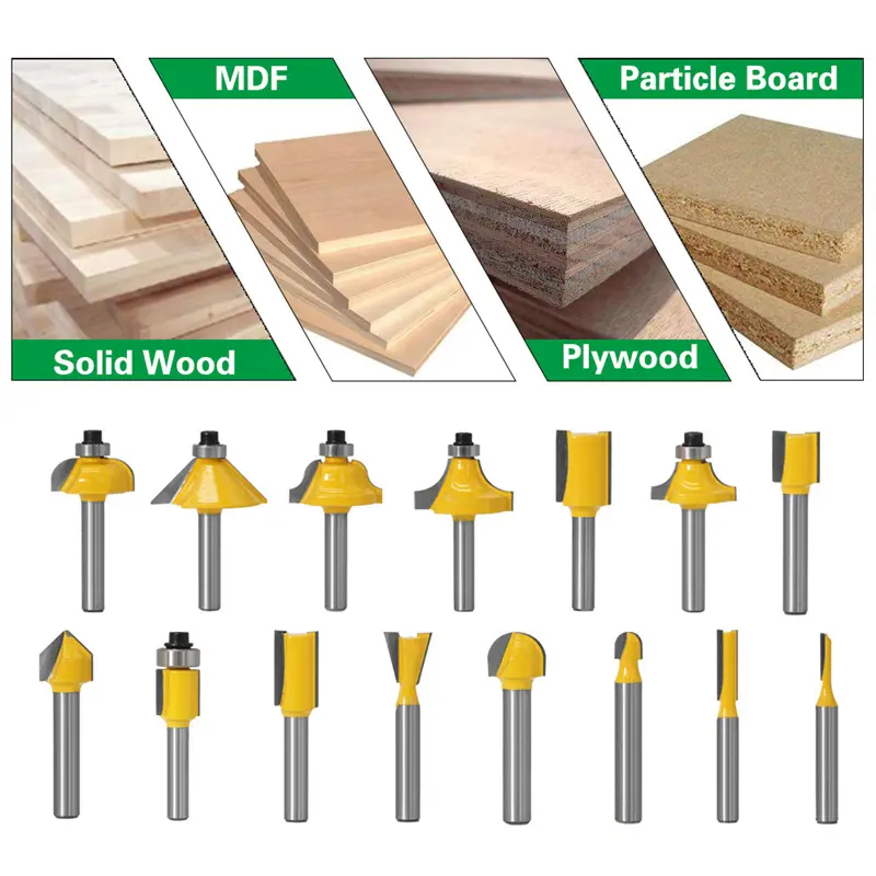 15pcs/Set Milling Cutter 1/4 Shank Wood Cutter Carbide Mill Woodworking Trimming Engraving Cutting Tools Carpentry Accessories