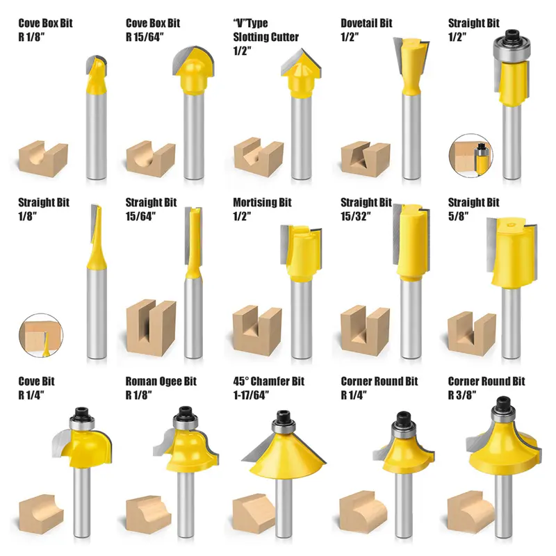 15pcs/Set Milling Cutter 1/4 Shank Wood Cutter Carbide Mill Woodworking Trimming Engraving Cutting Tools Carpentry Accessories