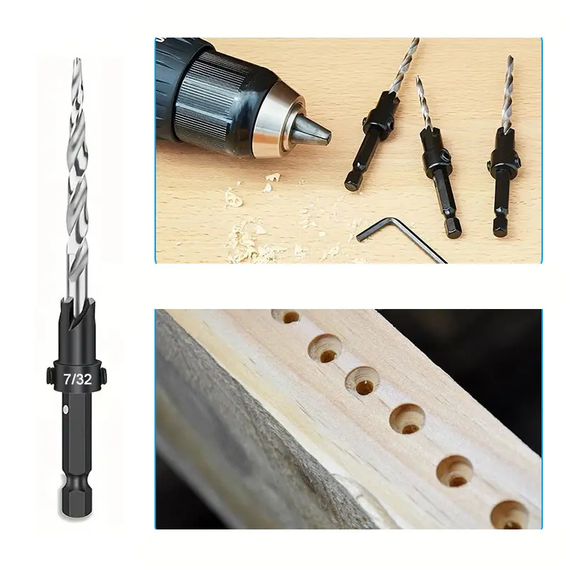 5pcs 1/4 Hex Handle Conical Countersunk Drill Hex Core Drill Bit Woodworking Hole Opener With 1 Hex Wrench Carpentry Accessories