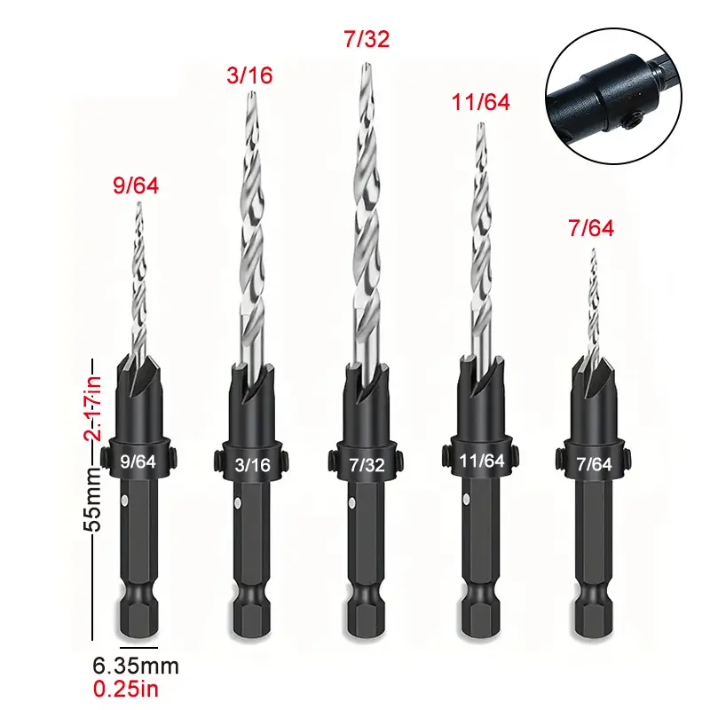 5pcs 1/4 Hex Handle Conical Countersunk Drill Hex Core Drill Bit Woodworking Hole Opener With 1 Hex Wrench Carpentry Accessories