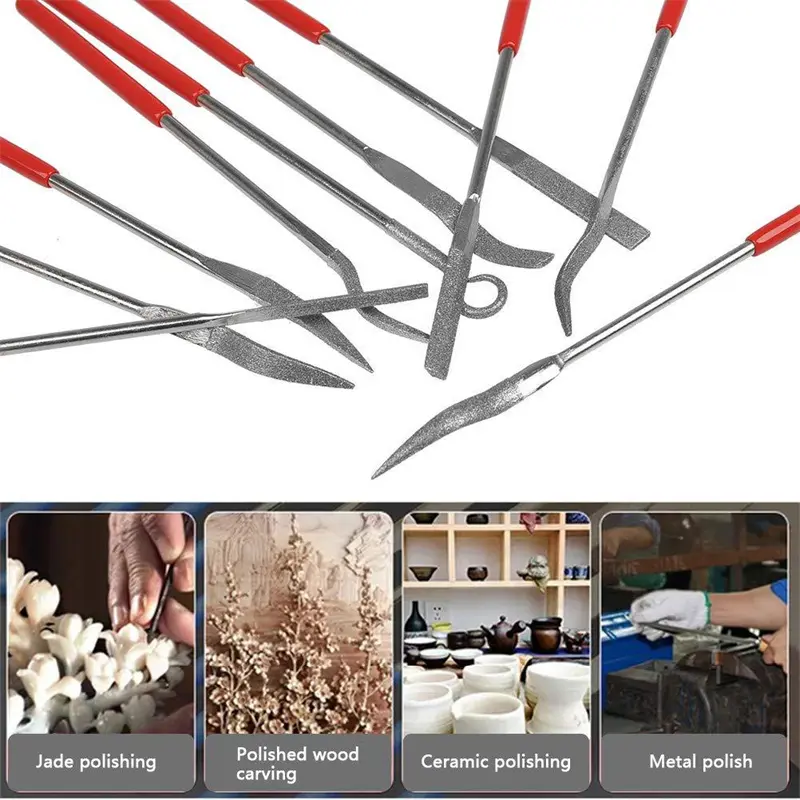 10pcs Mini Diamond File Set Fine 150 Grit Diamond File Flat Triangle Needle Files For Metal Glass Ceramic Woodworking Tools