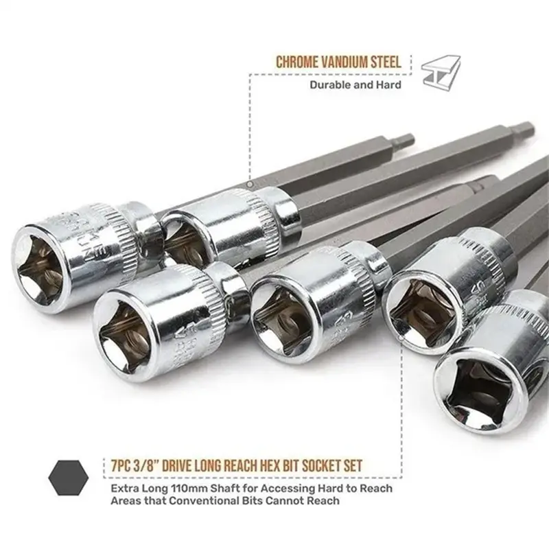 7pcs 3/8" Drive Extra Long Allen Hex Bit 3-10mm Impact Adapter Allen Key Socket Bit Set Automotive Hand Tools With Storage Case