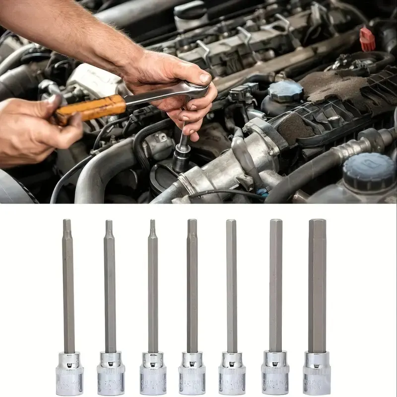 7pcs 3/8" Drive Extra Long Allen Hex Bit 3-10mm Impact Adapter Allen Key Socket Bit Set Automotive Hand Tools With Storage Case
