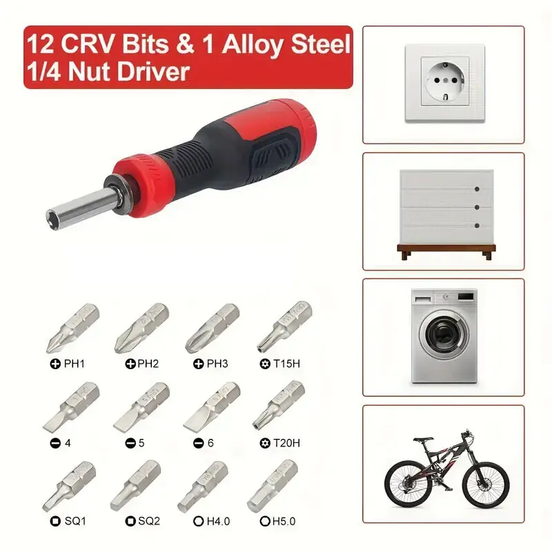 13 In 1 Multi Adjustable Ratchet Screwdriver Set Repair Tools With Torx Safety Flat Head Phillips Hex Square And 1/4 Nut Drivers