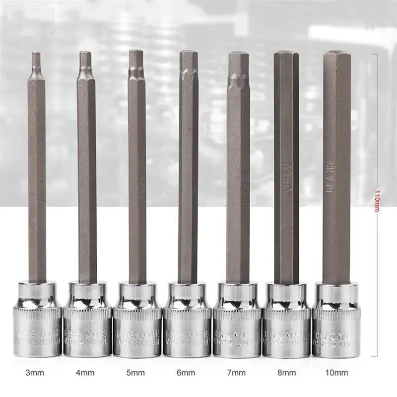 7pcs 3/8" Drive Extra Long Allen Hex Bit 3-10mm Impact Adapter Allen Key Socket Bit Set Automotive Hand Tools With Storage Case