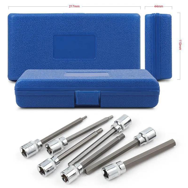 7pcs 3/8" Drive Extra Long Allen Hex Bit 3-10mm Impact Adapter Allen Key Socket Bit Set Automotive Hand Tools With Storage Case