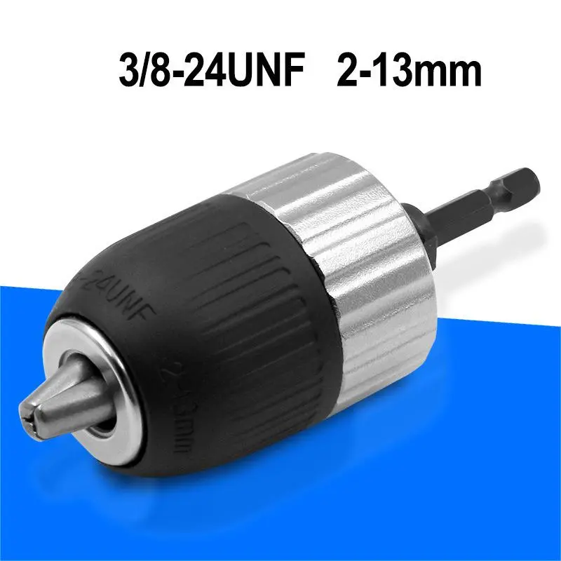 Keyless Self-Locking Drill Chuck Adapter 2-13mm 3/8-24UNF Hex Shank Quick Release Impact Ready Electric Drill Chuck Driver Tools