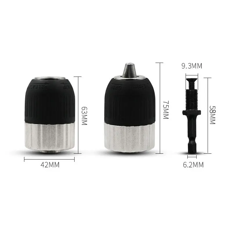 Keyless Self-Locking Drill Chuck Adapter 2-13mm 3/8-24UNF Hex Shank Quick Release Impact Ready Electric Drill Chuck Driver Tools