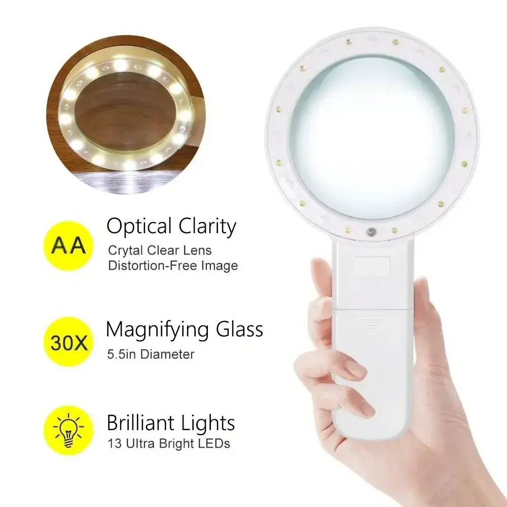 30X Magnifier Handheld LED Glasses With Illumination Microscope Magnifying Glass Lens Reading Jewelry Glass Repair Tool