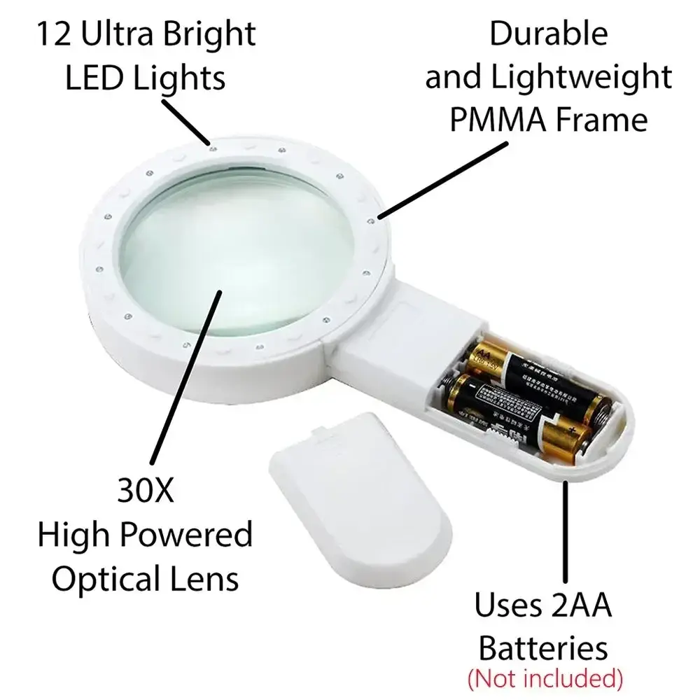 30X Magnifier Handheld LED Glasses With Illumination Microscope Magnifying Glass Lens Reading Jewelry Glass Repair Tool