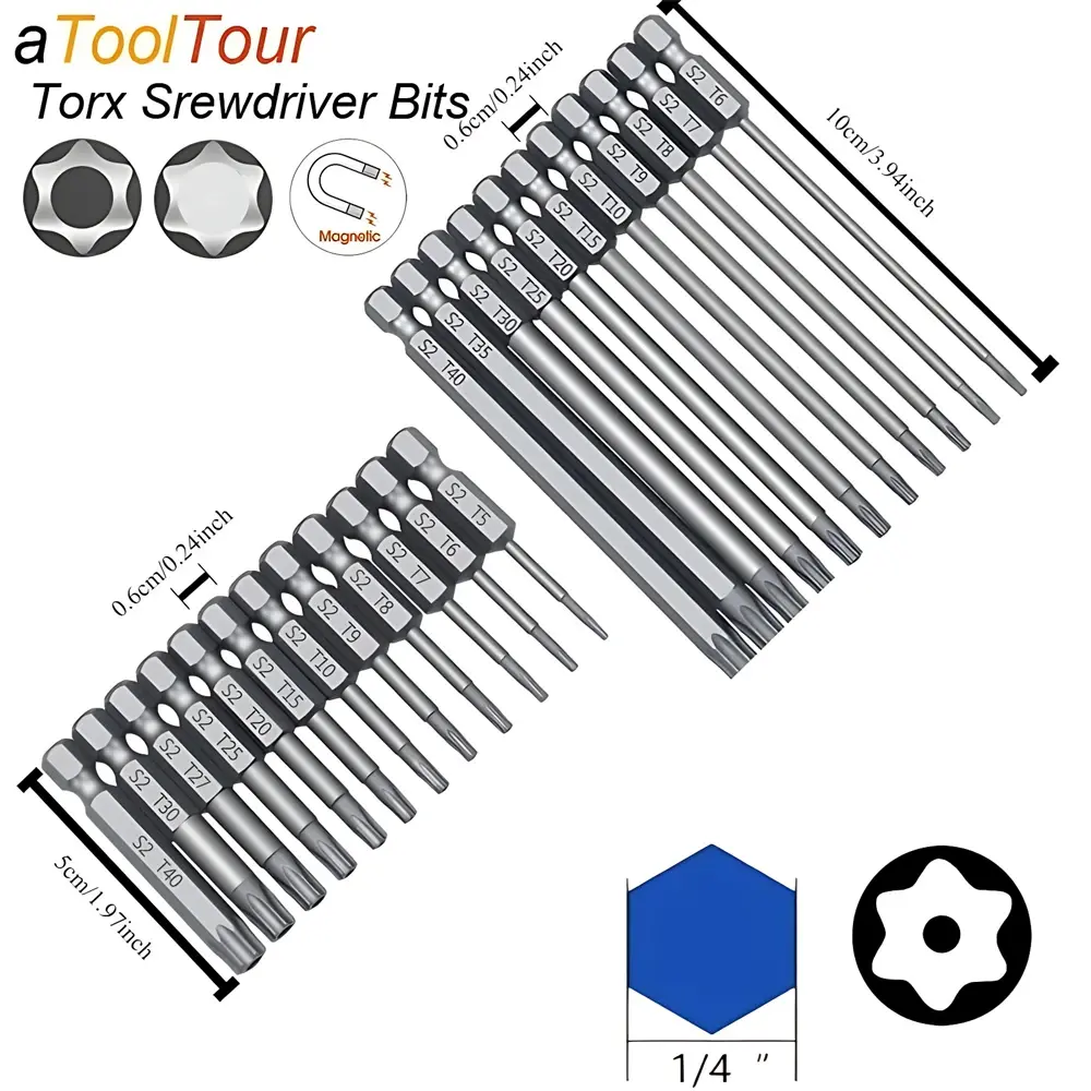 11/12pcs Torx Head Bit Set Solid Screwdriver Magnetic 1/4" Hex Shank S2 Steel 75/100/150mm Long Drill Bits Security Bits T5-T40