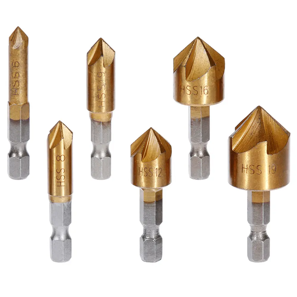 6pcs Countersink Drill Bit Set 1/4'' Hex Shank HSS 5 Flute Countersink 90 Degree Wood Chamfering Cutter Chamfer 6mm-19mm