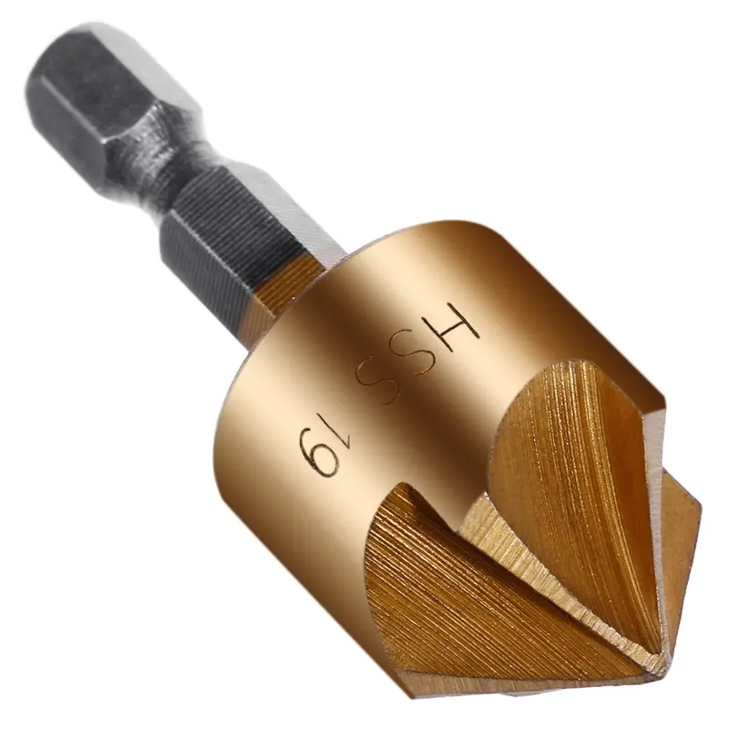 6pcs Countersink Drill Bit Set 1/4'' Hex Shank HSS 5 Flute Countersink 90 Degree Wood Chamfering Cutter Chamfer 6mm-19mm