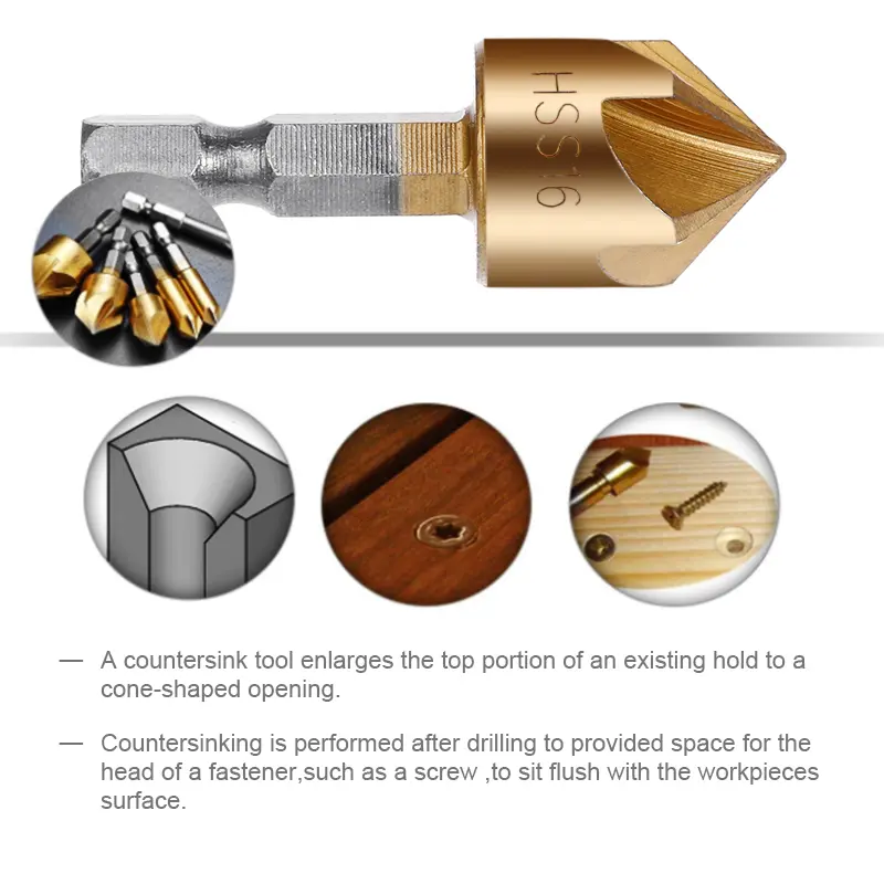 6pcs Countersink Drill Bit Set 1/4'' Hex Shank HSS 5 Flute Countersink 90 Degree Wood Chamfering Cutter Chamfer 6mm-19mm