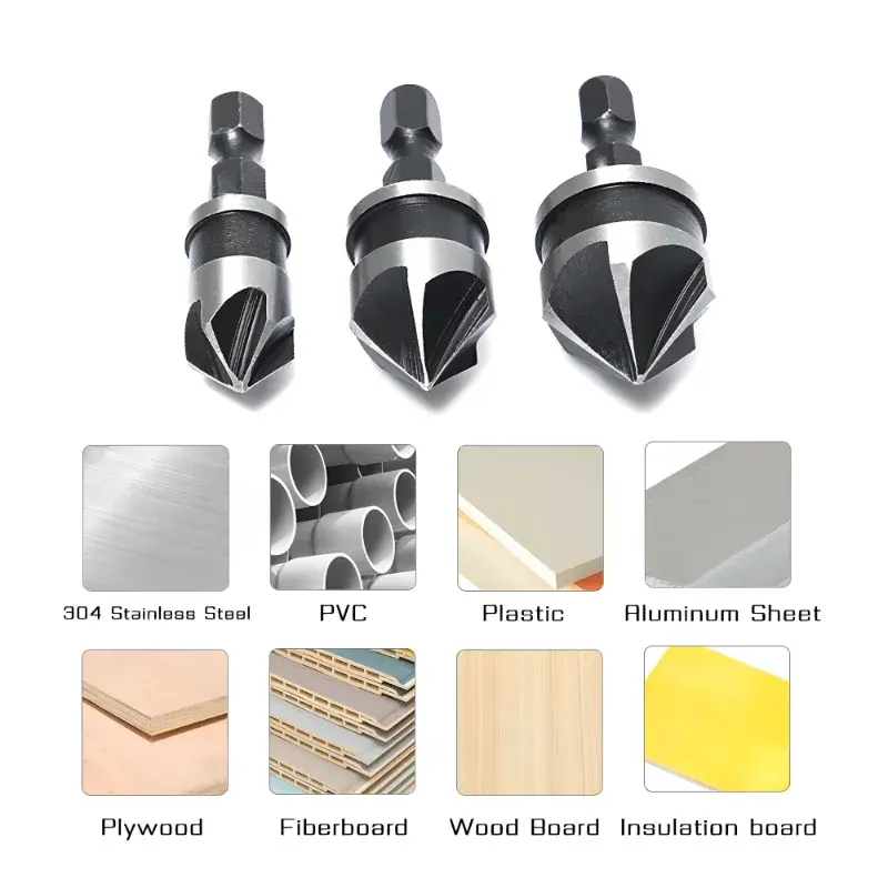 3PC 12/16/19mm hexagonal shank 90 degree black five blade chamferer countersink drill woodworking hole opener tool set