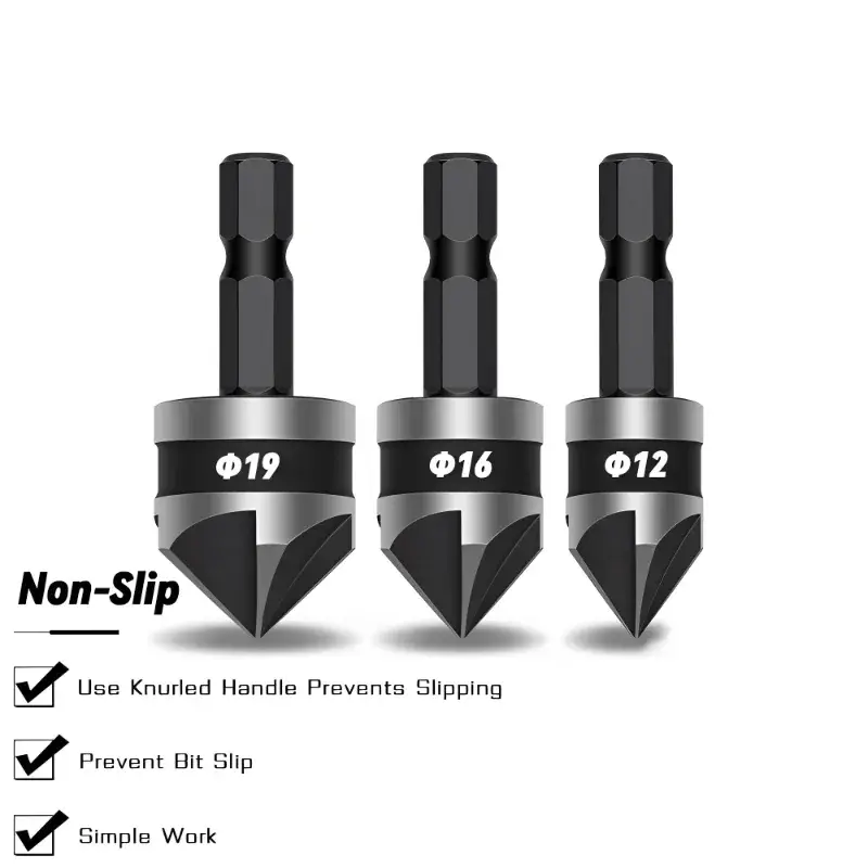 3PC 12/16/19mm hexagonal shank 90 degree black five blade chamferer countersink drill woodworking hole opener tool set