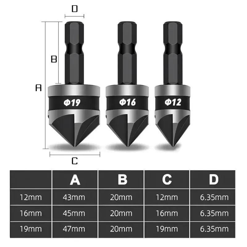3PC 12/16/19mm hexagonal shank 90 degree black five blade chamferer countersink drill woodworking hole opener tool set