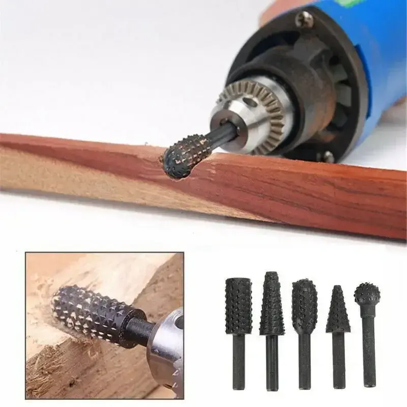 5pcs Rasp File Drill Bits Rasp Set Drill Grinder Drill Rasp For Woodworking Carving Tool 1/4" Round Shank Rotary Burr Set