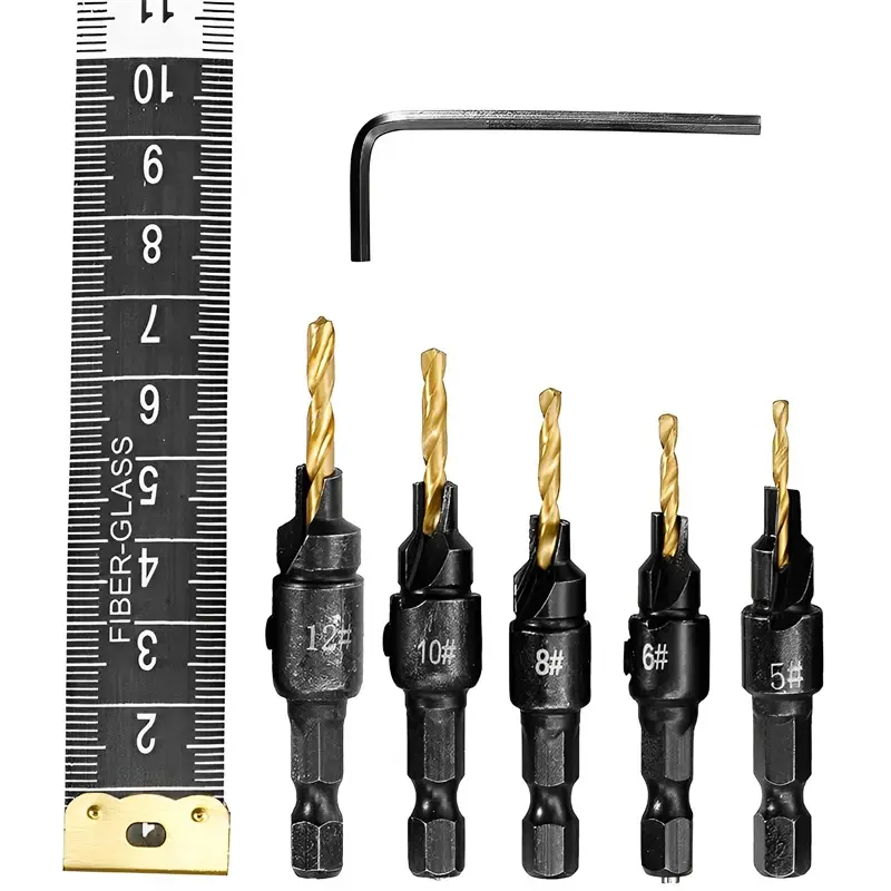 5PCS Woodworking Countersunk Head Drill Bit Set HSS Chamfering Reaming Tools Hexagonal Handle Detachable Countersunk Drill Bits